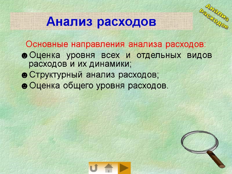 Анализ расходов Основные направления анализа расходов: Оценка уровня всех и отдельных видов расходов и